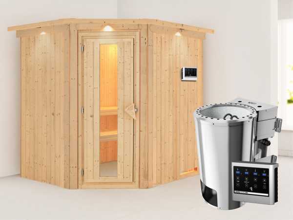 Sauna Systemsauna Lilja mit Dachkranz, Energiespartür, Plug & Play Bio-Ofen mit externer Steuerung