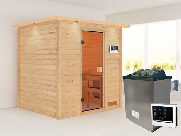 Sauna Adelina mit bronzierter Glastür und Dachkranz + 9 kW Saunaofen ext. Strg.