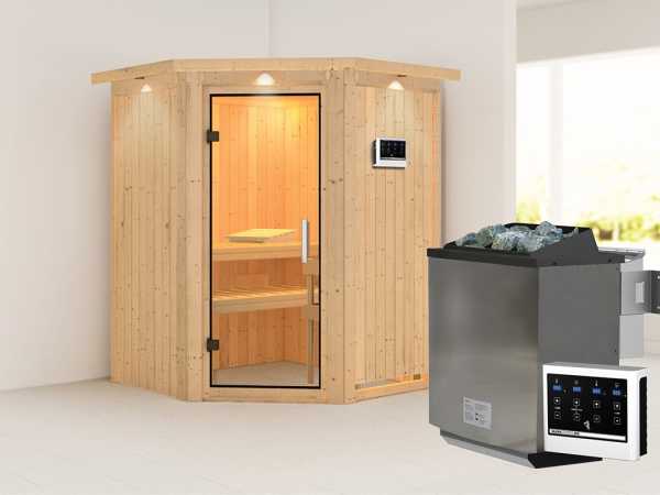 Sauna Systemsauna Larin mit Dachkranz, inkl. 9 kW Bio-Ofen mit externer Steuerung