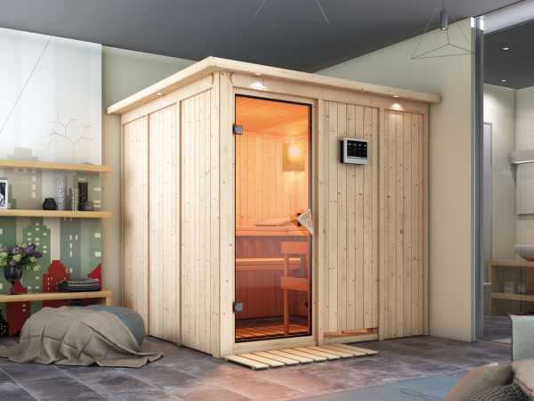 Systemsauna Rodin mit Dachkranz, bronzierte Ganzglastür, inkl. 9 kW Bio-Kombiofen ext. Steuerung