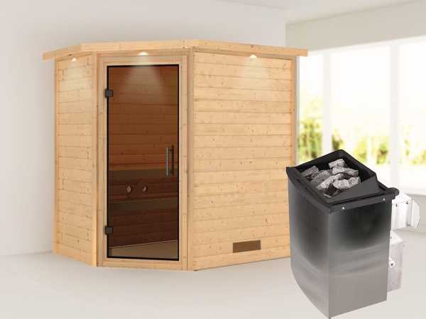 Sauna Massivholzsauna Svea mit Dachkranz, inkl. 9 kW Ofen mit integrierter Steuerung