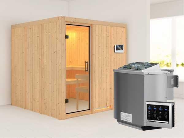 Sauna Systemsauna Rodin Klarglas Ganzglastür + 9 kW Bio-Kombiofen mit ext. Strg