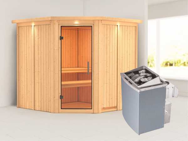 Sauna Systemsauna Jarin mit Dachkranz, Klarglas Ganzglastür + 9 kW Saunaofen mit Steuerung