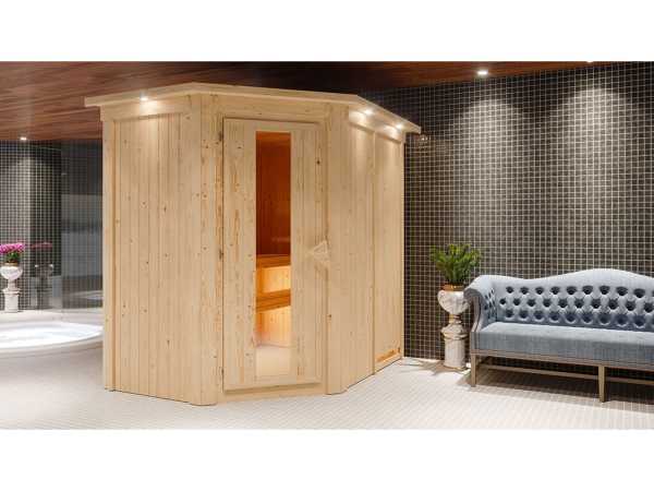 Sauna Systemsauna Carin mit Dachkranz, inkl. 9 kW Ofen mit integrierter Steuerung