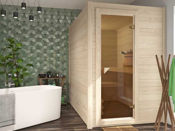 Sauna Massivholzsauna SPARSET Infuusio 2 inkl. 3,6 kW Bio-Ofen mit externer Steuerung
