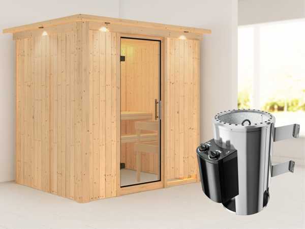 Sauna Systemsauna Fanja mit Dachkranz, Klarglas Ganzglastür + Plug & Play Saunaofen mit Steuerung