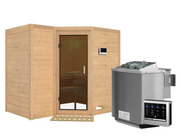 Massivholzsauna Sahib 2 graphit Ganzglastür, inkl. 9 kW Bio-Ofen ext. Steuerung
