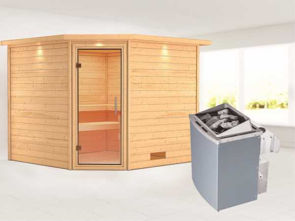 Sauna Massivholzsauna Leona mit Dachkranz, Klarglas Ganzglastür + 9 kW Saunaofen mit Steuerung