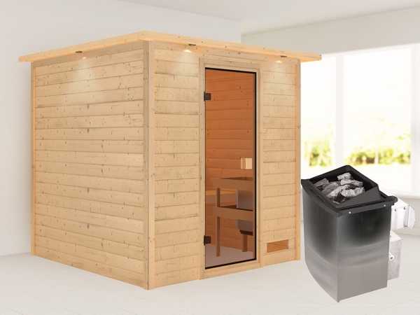 Sauna Jara mit bronzierter Glastür und Dachkranz + 9 kW Saunaofen integr. Strg.