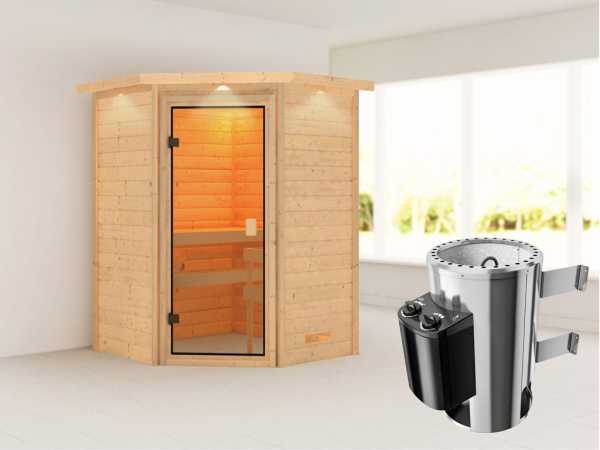 Sauna Antonia mit bronzierter Glastür und Dachkranz + 3,6 kW Plug & Play Saunaofen integr. Strg.