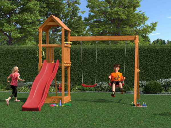 Spielturm Flappi teakfarben inkl. Doppelschaukel + Rutsche