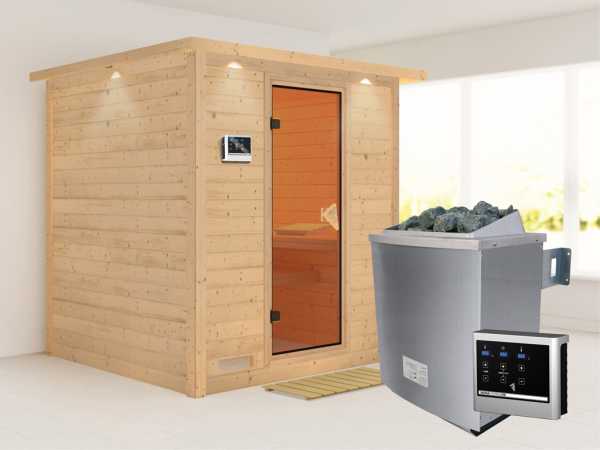 Massivholzsauna Mojave mit Dachkranz, bronzierte Ganzglastür, inkl. 9 kW Ofen ext. Steuerung