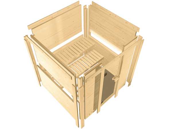 Massivholzsauna Sahib 2 mit Dachkranz, bronzierte Ganzglastür, inkl. 9 kW Bio-Ofen ext. Steuerung