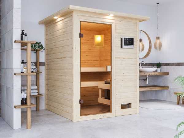 Sauna Massivholzsauna Sandra mit Dachkranz, inkl. 9 kW Ofen mit externer Steuerung