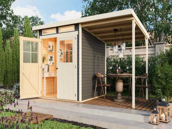 Gartenhaus SET Glücksburg 3 19 mm terragrau inkl. 1,9 m Anbaudach
