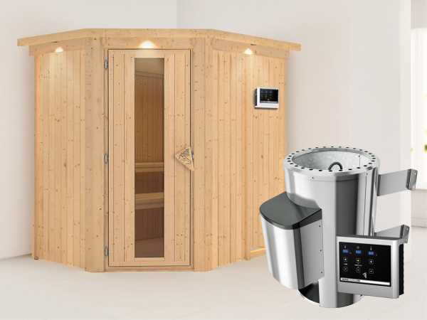Sauna Systemsauna Saja mit Dachkranz, Energiespartür + Plug &amp; Play Saunaofen mit ext.Strg