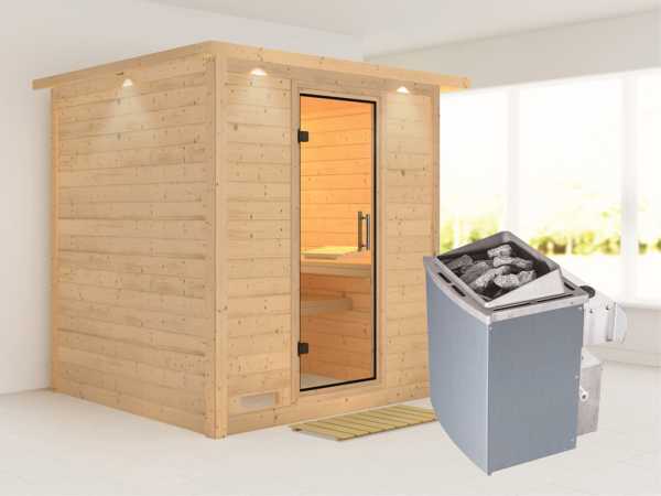 Sauna Massivholzsauna Mojave mit Dachkranz, Klarglas Ganzglastür + 9 kW Saunaofen mit Steuerung