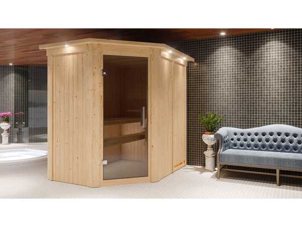 Sauna Systemsauna Carin mit Dachkranz, inkl. 9 kW Bio-Ofen mit externer Steuerung