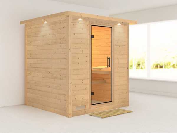 Sauna Massivholzsauna Mojave mit Dachkranz, Klarglas Ganzglastür