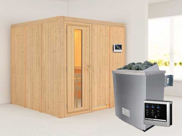 Systemsauna Rodin Holztür mit Isolierglas, inkl. 9 kW Saunaofen ext. Steuerung