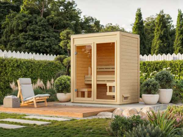 Gartensauna View natur mit Terrasse und Klarglastür