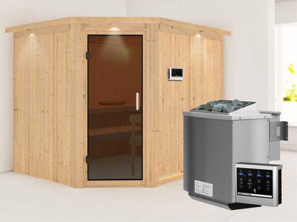 Systemsauna Malin mit Dachkranz, graphit Ganzglastür, inkl. 9 kW Bio-Kombiofen ext. Steuerung