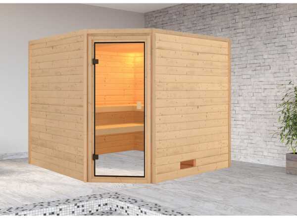 Karibu Massivholzsauna 38mm Lina SPARSET inkl. 6,8 kW Saunaofen Glow und ext. Steuerung