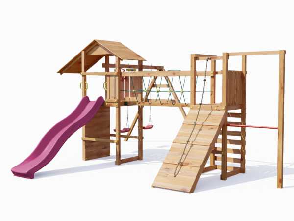 Spielturm Smart 5 Climb teakfarben inkl. Rutsche pink