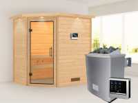 Sauna Massivholzsauna Svea mit Dachkranz, inkl. 4,5 kW Bio-Ofen mit externer Steuerung
