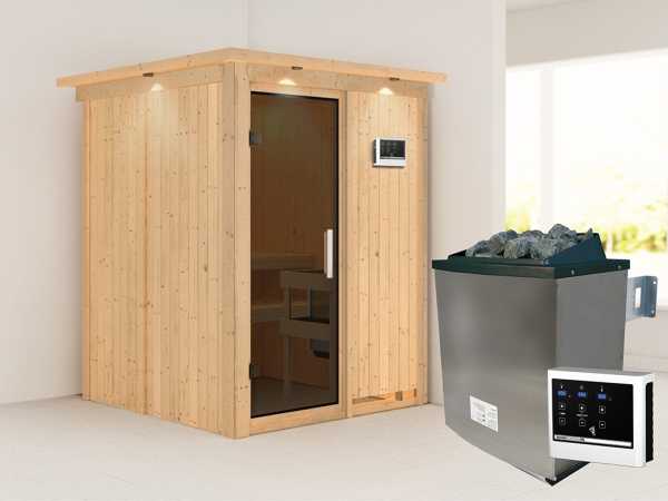 Sauna Systemsauna Norin mit Dachkranz, inkl. 9 kW Ofen mit externer Steuerung