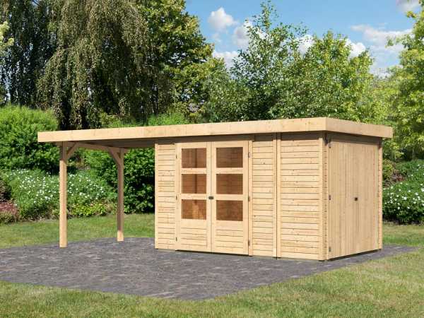 Gartenhaus SET Retola 3 19 mm naturbelassen, inkl. 2,8 m Anbaudach + Anbauschrank