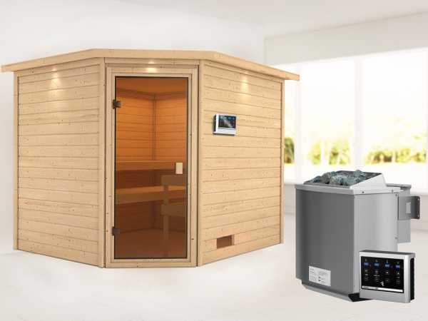 Sauna "Lotta" mit bronzierter Glastür und Dachkranz + 9 kW Bio-Kombiofen ext. Strg.