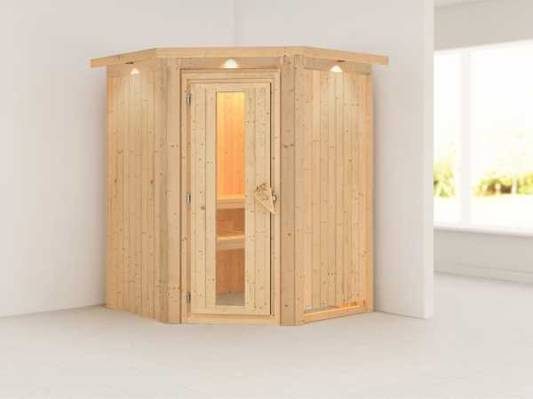 Systemsauna Larin mit Dachkranz, Holztür mit Isolierglas