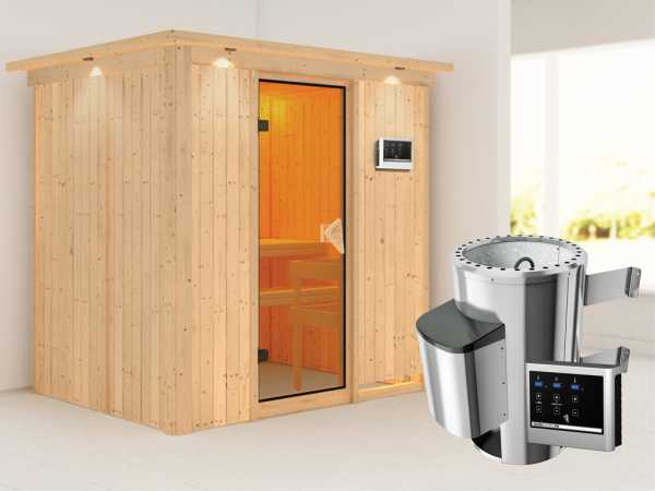 Sauna Systemsauna Fanja mit Dachkranz, inkl. Plug & Play Saunaofen externe Steuerung