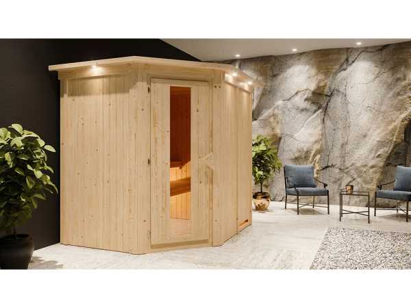 Sauna Systemsauna Siirin mit Dachkranz, inkl. 9 kW Bio-Ofen mit externer Steuerung