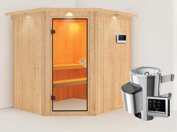 Sauna Systemsauna Lilja mit Dachkranz, inkl. Plug &amp; Play Saunaofen externe Steuerung