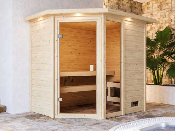 Sauna Jada mit bronzierter Glastür und Dachkranz