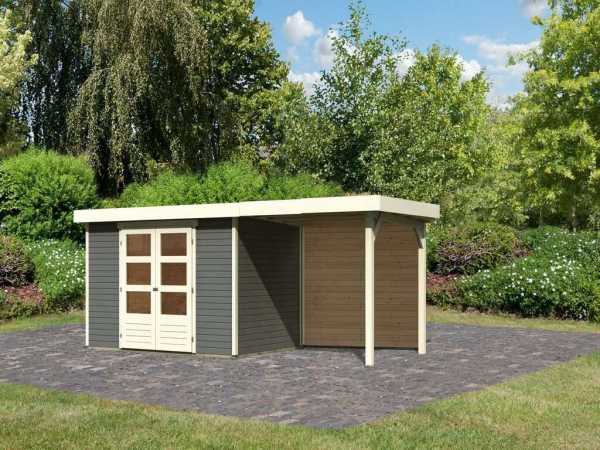 Gartenhaus SET Askola 4 19 mm terragrau, inkl. 2,4 m Anbaudach + Rückwand