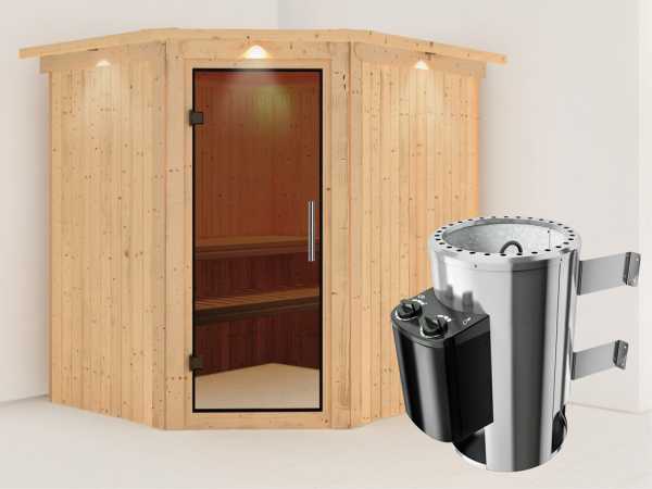Sauna Systemsauna Lilja mit Dachkranz, graphit Ganzglastür + Plug & Play Saunaofen mit Steuerung