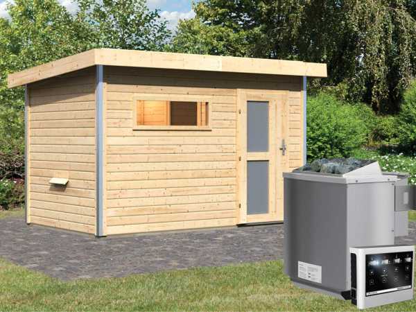 Saunahaus Skrollan 1 mit Milchglastür & Vorraum, inkl. 9 kW Bio-Kombiofen mit externer Steuerung