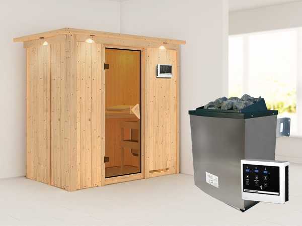 Sauna Systemsauna Variado mit Dachkranz, inkl. 9 kW Ofen mit externer Steuerung