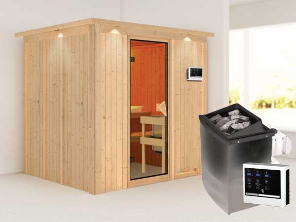 Sauna Systemsauna Sodin mit Dachkranz, inkl. 9 kW Ofen mit externer Steuerung