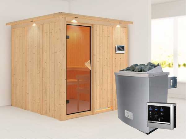 Systemsauna Rodin mit Dachkranz, bronzierte Ganzglastür, inkl. 9 kW Saunaofen ext. Steuerung