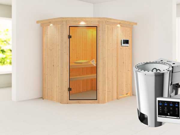 Sauna Systemsauna Saja mit Dachkranz, inkl. Plug & Play Bio-Ofen externe Steuerung