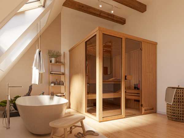 Systemsauna Michelle 2 68 mm mit moderner Tür naturbelassen inkl. 9 kW Bio-Ofen