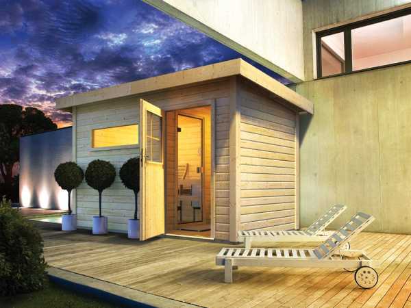 Saunahaus Suva 1 mit Holztür & Vorraum, inkl. 9 kW Bio-Kombiofen mit externer Steuerung