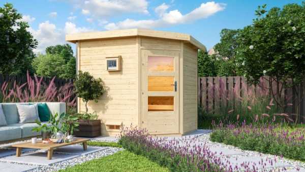 Saunahaus Mikka mit Klarglastür, inkl. 9 kW Saunaofen mit externer Steuerung