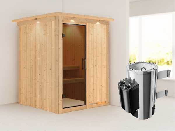 Sauna Systemsauna Minja mit Dachkranz, graphit Ganzglastür + Plug & Play Saunaofen mit Steuerung