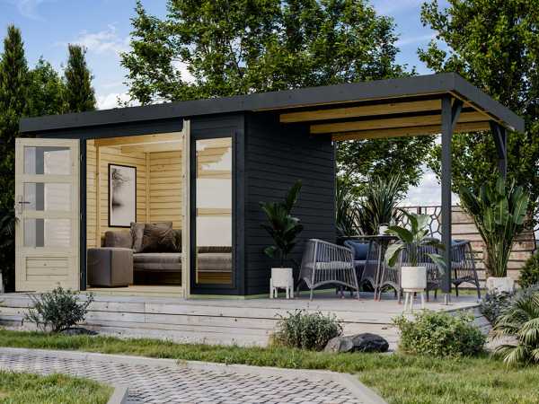 Gartenhaus Hybridgartenhaus Hera 4 19 mm anthrazit mit Anbaudach