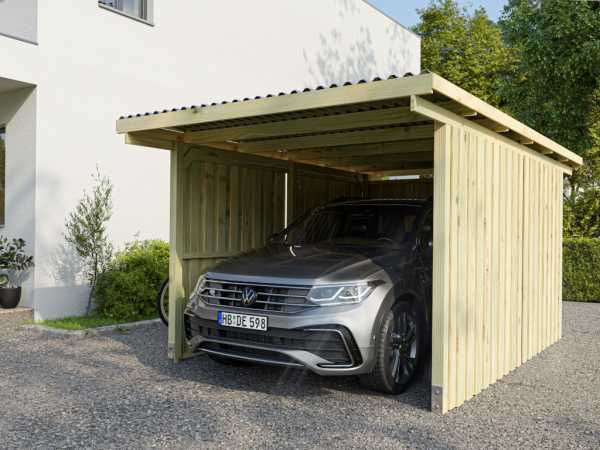 Holz-Einzelcarport EcoShield mit 2 Seitenwände und 1 Rückwand